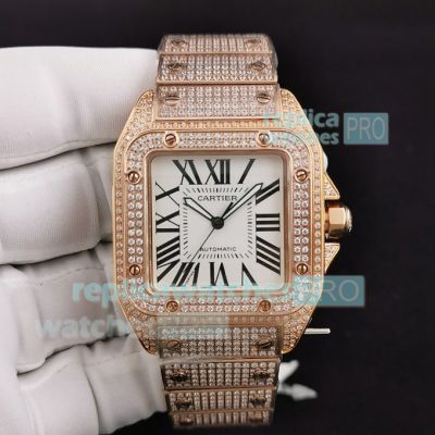 Iced Out Santos de Cartier Replica Watch Rose Gold Case White Roman Numerals